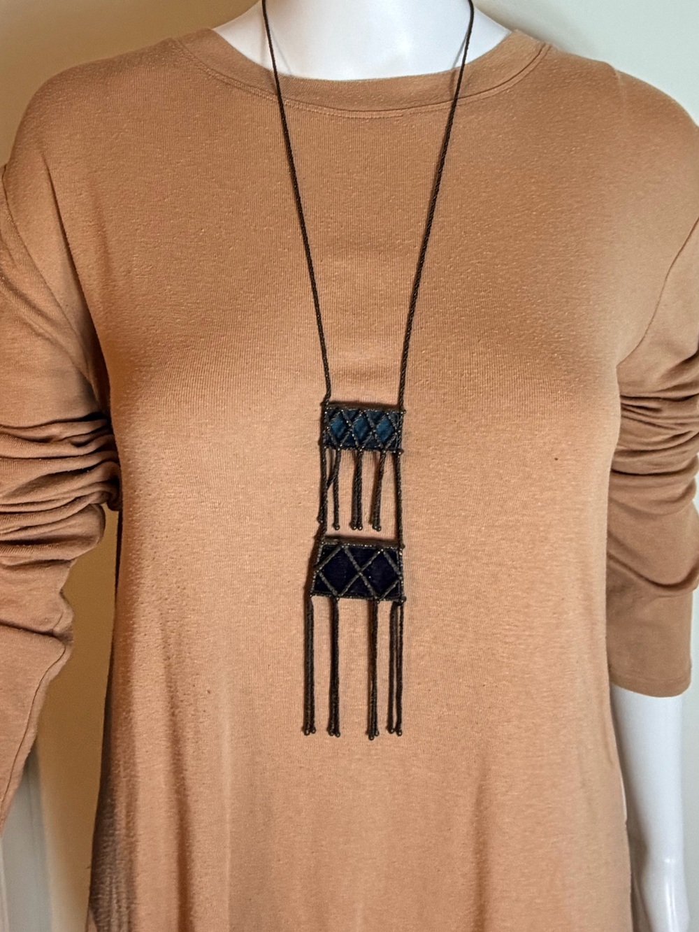 Vintage Black Geometric Two Tier Fringe Pendant Necklace